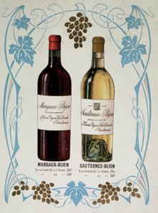 Şarap Margaux-Bijon (Margaux Bijon) ve Sauternes-Bijon (Sauternes Bijon) satışı için reklam, 12 şişeden 25 frs, 25