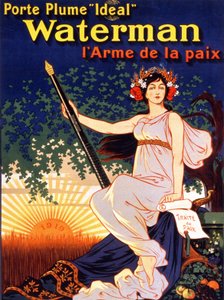 “İdeal Waterman Fountain Holder, the Weapon of Peace” (Barış Antlaşması ve Waterman Feather tutan bir kadın) için reklam afişi. Litografi 1919. by French School