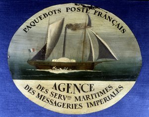 Fransız posta gemisi için reklam tabelası, emperyal kuryelerin denizcilik hizmetleri ajansı - ahşap üzerine boyama, 19. yüzyıl sonu by French School