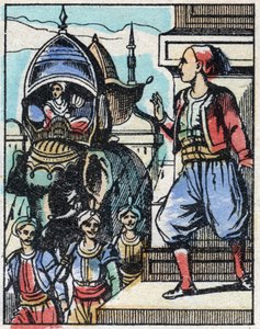 Aladin, padişahın kızına aşık olur. Binbir Gece Masallarının gravürü “” Aladin ve Harika Lamba””. Epinal görüntüleme, 19. yüzyılın sonlarında. Özel koleksiyon. by French School
