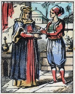 Aladin, görkemli elmasları bir altın kupaya koyar ve annesini, kızına evlenme teklif etmesi için padişaha göndermesi için gönderir. Binbir Gece Masallarının gravürü “” Aladin ve Harika Lamba””. Epinal görüntüleme, 19. yüzyılın sonlarında. özel koleksiyon by French School