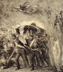 Fransız imparatoru Napolyon Bonapart'ın küllerinin 1840'ta dönüşünü anlatan alegori. 19. yüzyıl ("Renkler, adetler, kullanımlar, kostümler, icatlar"dan gravür) by French School