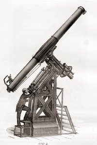 19. yüzyılda Fransa'nın Paris Gözlemevi'ndeki bir ekvator teleskopu, Les Merveilles de la Science'dan, 1870 dolaylarında yayınlandı (gravür) by French School