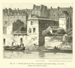 Notre-Dame köprüsünün yukarısında, 1780 dolaylarında eski quai de la Cite; bir zaman çiziminden by French School