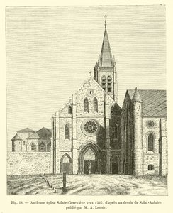 M A Lenoir tarafından yayınlanan Saint-Aulaire tarafından bir çizimden sonra 1516 civarında eski Sainte-Genevieve kilisesi by French School