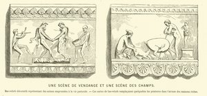 Bir üzüm hasadı ve tarlalardaki bir sahneyi betimleyen Antik Roma kabartmaları (gravür) by French School