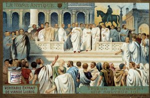 Antik Roma: Yeni bir yasa öneren tribün - Liebig Chromolithography, v.1900 by French School