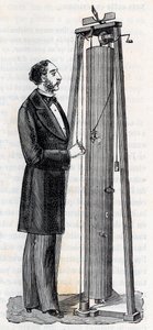 Aparatı Arthur Jules Morin (1795-1880) cisimlerin düşüşünü incelemek için aparat - “” Bilimler herkesin beğenisine sunuldu - Popüler fizik ve kimya”” da gravür Alexis Clerc - 19. yüzyılın sonu - Özel koleksiyon by French School