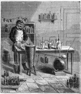 Eugene SOUBEIRAN (1797-1858) tarafından kabartma tozu hazırlanması için aparat - Alexis Clerc tarafından “” Bilimler herkesin beğenisine sunuldu - Popüler fizik ve kimya”” da gravür - 19. yüzyılın sonu - Özel koleksiyon by French School
