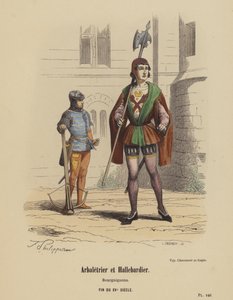 Arbaletçi ve Halberdier, Burgonyalılar, Geç 15. Yüzyıl (renkli gravür) by French School