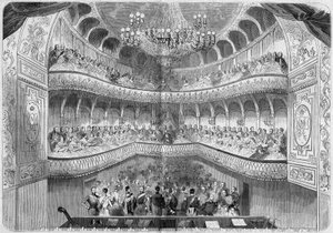 Mimari: Fontainebleau sarayının tiyatrosunun (18. yüzyıl) iç görünümü. Gravür, 12 Haziran 1858 tarihli “” Le Monde Illustré” n°61. by French School
