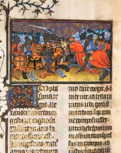 Armee dövüşçüsü. Francesco Petrarca veya Petrarch'ın (1304-1374) İtalyan bilgin, şair ve hümanist el yazmasından alınan minyatür, De Viris Illustribus, 23rv. Valencia Üniversite Kütüphanesi. by French School