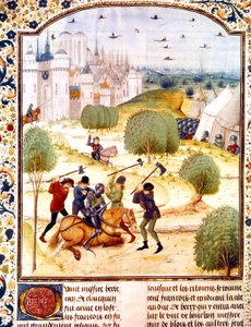 Jean de Wavrin tarafından yazılan İngiltere Chronicles of England'dan 1437 (100 yıl savaş) aydınlatmasında Paris dışında bir İngiliz şövalyesinin suikastı by French School