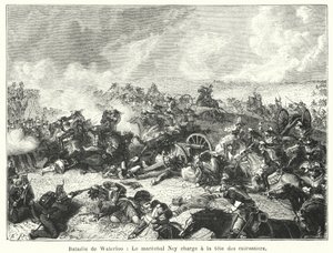 Waterloo Savaşı, Mareşal Ney zırhlıların başında hücum ediyor (gravür) by French School