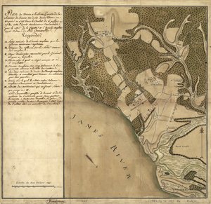Green Spring Savaşı, James Nehri'nin sol kıyısında, 6 Temmuz savaşının yapıldığı Virginia'daki Jamestown'un karşısındaki arazinin haritası. by French School