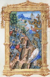Okçular ve süvariler arasındaki savaş sahnesi, kale ve gemiler, c.1495-1500 by French School