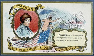 Benjamin Franklin, Amerikalı politikacı ve fizikçi (1706-1790) ve paratoner - chromo., deb. 20. yüzyıl by French School