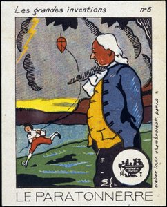 Benjamin Franklin, Amerikalı politikacı ve fizikçi (1706-1790) ve paratoner (uçurtma deneyimi) - Label, Deb. 20. yüzyıl by French School