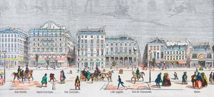 Boulevard des Italiens güney tarafı - Rue Favart - Opera comique - Rue Marivaux - İngiliz kafesi - Rue Grammont - Çarşı - Edmond Texier 1852 “Tableau-de-Paris” gravürü by French School