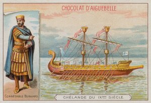 Burchard, Charlemagne saltanatının askeri komutanı ve 9. yüzyıldan kalma bir savaş gemisi by French School
