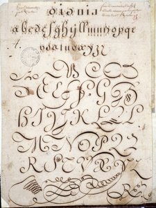 Kaligrafi: 1813 civarında Sebastien Royllet tarafından arabesklerle süslenmiş yuvarlak hatlı el yazması parçası. Paris Şehri Tarih Kütüphanesi by French School