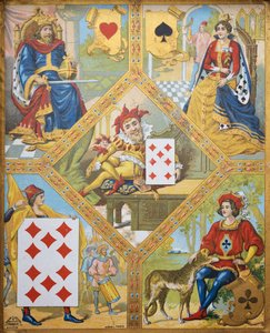 Kart oyunu, kupa kralı, maça kraliçesi, elmas on ve kulüp Jack, merkezde yedi elmas ile cüce Lindoro, Fransa by French School