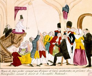 Fransız Aristokratlarını ve Cumhuriyete Bağlılık Yemini Eden Din Adamlarını tasvir eden karikatür (renkli gravür) by French School
