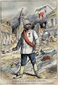 Komutan Jean-Baptiste (Jean Baptiste) Marchand (1863-1934), Toulon'da, Afrika'daki bir keşif görevinden (1896-1899) dönen karikatür. “” Le Pelerin”de gravür” 4/06/1899. by French School