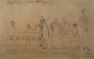 Charcot, öğrencilerinden biri tarafından tasarlandı. Soldan sağa: Kaşkorseli hasta Genevieve, termometreli Doctor Desire Magloire Bourneville, Jean Martin Charcot, Raymond ve Brissaud, Me Tirperme ve Charles Fere. Holy Queen Odası, Salpetriere Hospi by French School