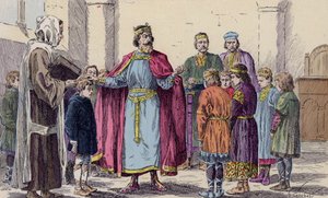 Charlemagne bir okulu ziyaret ediyor (renkli taş baskı) by French School