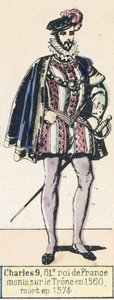 Fransa'nın 61. Kralı Charles 9, 1560'ta Taht'a yükseldi, 1574'te öldü (renkli gravür) by French School