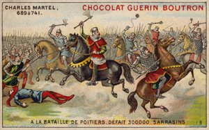 Charles Martel, Poitiers Muharebesi'nde 300.000 Saracen'den oluşan bir orduyu yendi, 732 (chromolitho) by French School