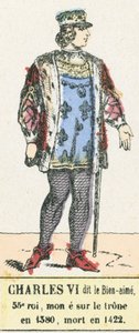 Charles VI, Sevgili olarak adlandırılan 53. kral, 1380'de tahta çıktı, 1422'de öldü (renkli gravür) by French School