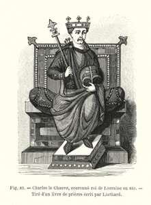 Kel Charles, 860 yılında Lorraine Kralı olarak taç giydi, Liuthard tarafından yazılmış bir dua kitabından (gravür) by French School