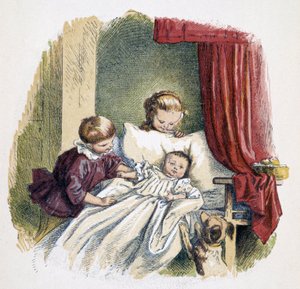 “” Schnick, schnack, küçükler için önemsiz şeyler”, çocuk oyunlarında oyuncak bebek oynayan çocuklar. ed. Londra- Georges Ronthedge ve oğulları. New York, Geniş yol Ludgate n.d. C. 1890. by French School