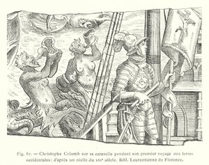 batı topraklarına ilk yolculuğunda karavelinde Christopher Columbus; 16. yüzyıldan bir niellodan sonra, Bibl Laurentienne de Florence (gravür) by French School