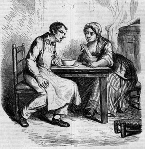 Christophe ve şişman Sylvie: kahvaltı yapan hizmetçiler. 19. yüzyılın ortalarında gravür. Honore de Balzac