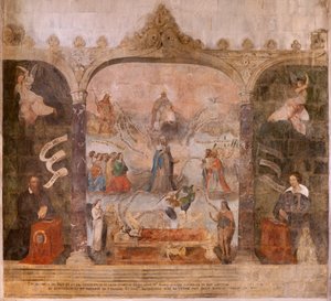 Kilise (Vaftizci Aziz John Kilisesi). İç mekan. Şapel Saint-Fursy. Duvar resimleri. Meryem'in yüceltilmesi (iyi ölüm olarak bilinen fresk). 17. yüzyıla başlayın. by French School