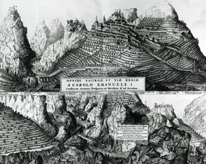 Saorge şehri, Fransa, Savoy yönetimi altında, gravür by French School