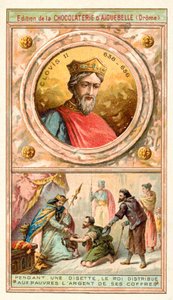 Clovis II sıkıntılı bir dönemde kasasından fakirlere para veriyor, 7. Yüzyıl (chromolitho) by French School