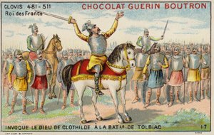 Clovis, Tolbiac Savaşı'nda Clotilde Tanrısı'nı çağırırken, 496 (chromolitho) by French School
