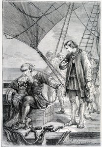 Kolomb kötü adam olarak bağlı (gemi güvertesinde), hasta. Jules Verne tarafından “” Discovery de la Terre”, ed. Hetzel, n.d. 19. by French School