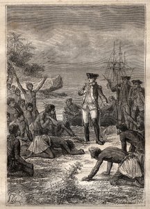 Cook'un yerliler tarafından kabulü - James Cook'un üçüncü yolculuğu - Yerliler tarafından karşılanan Cook - James Cook'un Pasifik Okyanusu'ndaki üçüncü yolculuğu - Jules Verne tarafından “18. Yüzyılın Büyük Denizcileri”nden alınan çizim by French School