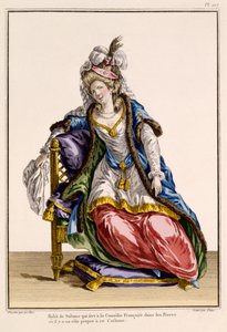 La Comedie Francaise'de Sultan'ın karısı için kostüm, Patus tarafından yapılmış baskı (el boyaması gravür) by French School