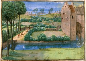 Cott Aug AV f.345v Ön planda bir su değirmeni ve arka planda bir yel değirmeni ile Flaman manzarası, 