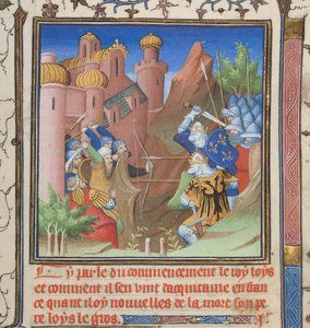 Cotton Nero E II pt.1, f.222, Louis VII Savaşı ve babası, Grandes Chroniques de France