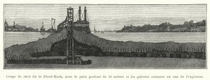 15 metre derinliğindeki kuyusu ve patlama için açılan galerilerin bulunduğu Flood-Rock olarak adlandırılan resifin bölümü (gravür) by French School