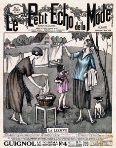 Gazetenin kapağı “Le petit echo de la mode” la deterjan - bir kız ve bir köpekle birlikte iki kadın, çamaşırları kuruması için dışarıdaki bir iplik üzerine serdi, n°32, 8 Ağustos by French School