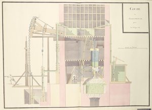 Madenlerden su çıkarmak için bir buhar makinesinin kesiti, c.1760 (kağıt üzerinde kalem & mürekkep ve wc) by French School