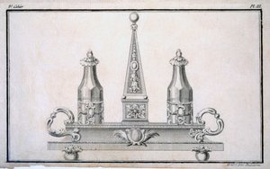 Duhamel tarafından bir araya getirilen Neo-klasik metal işçiliği tasarımlarından oluşan bir model kitabından stant üzerinde Cruet, c.1770s-80s by French School